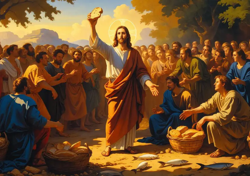 Jesus realizando o milagre da multiplicação dos pães diante da multidão