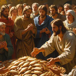 Jesus realizando o milagre da multiplicação dos pães diante da multidão