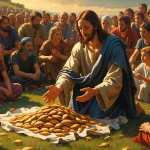 Jesus realizando o milagre da multiplicação dos pães diante da multidão