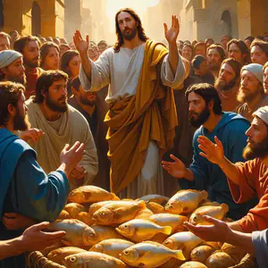 Jesus realizando o milagre da multiplicação dos pães diante da multidão