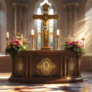 Altar sendo preparado na Missa Católica