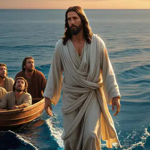Jesus estende a mão para Pedro durante tempestade, símbolo da fé em meio às dificuldades.