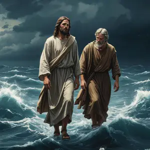 Jesus estende a mão para Pedro durante tempestade, símbolo da fé em meio às dificuldades.